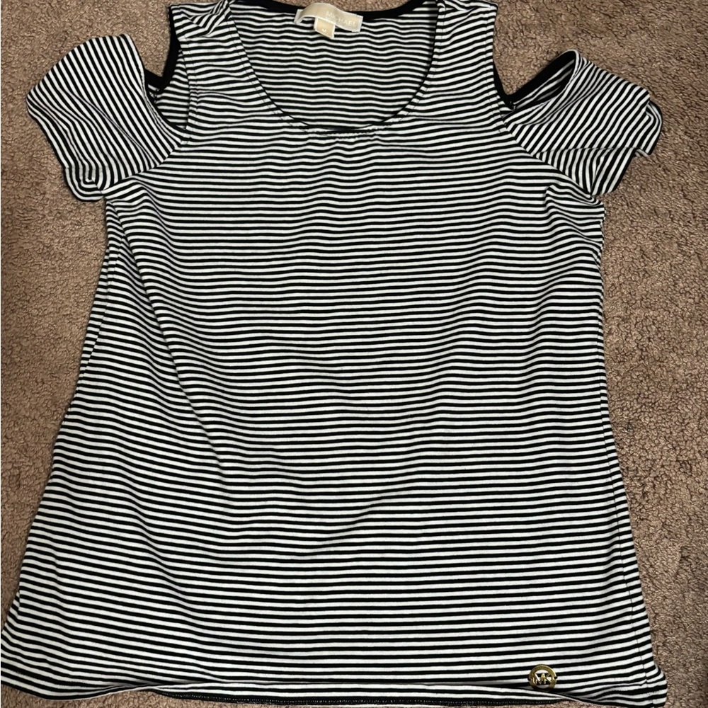 Michael Kors Black and White Striped Cold Shoulder Top size M